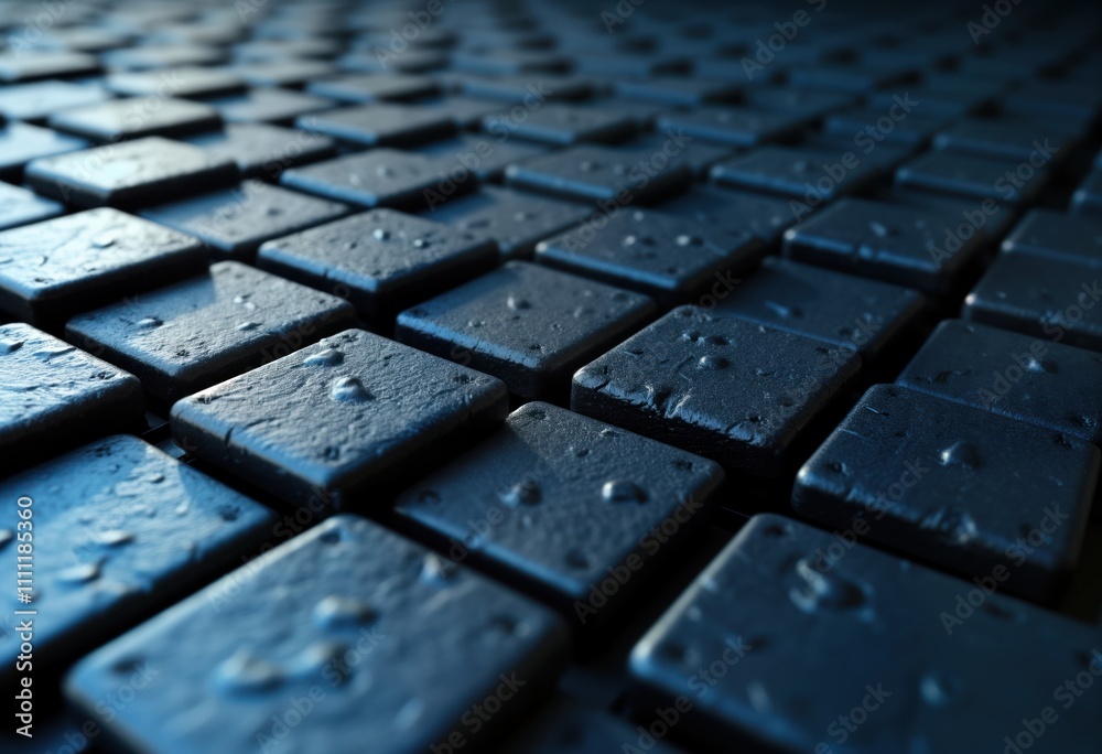 Fototapete Abstract tech background. Geometric dark blue metal square blocks create futuristic pattern. Modern design. High tech look. Sleek, structured. Computer generated image. Visual art. Geometric
