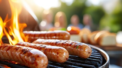 A mouth-watering view of three juicy sausages with a char-grilled pattern on a barbecue grill, with freshly sliced bread in the background and fiery flames enhancing the scene.