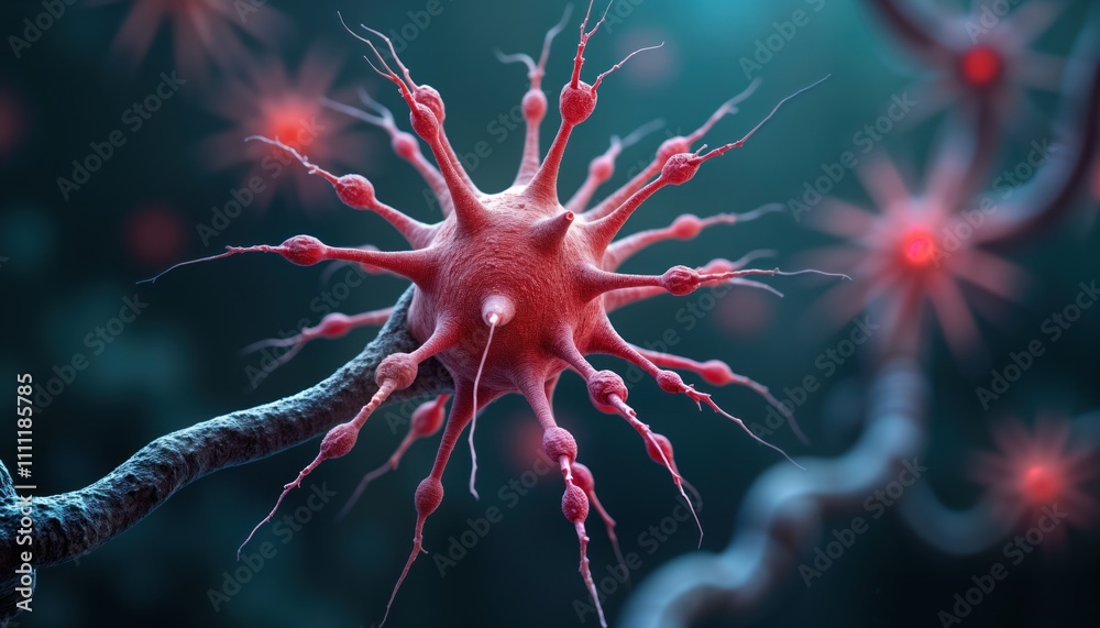 Poster Microscopic view of active neuron cells. Complex network of nerve cells with electrical signals. Biological activity highlighted in vibrant pink, dark blue tones. Medical illustration. Focus on