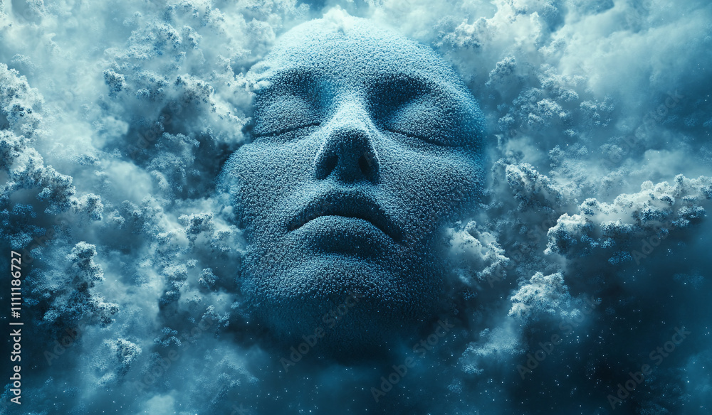 Poster ethereal face emerges from swirling clouds in a dreamlike atmosphere at twilight
