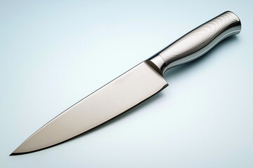 Obraz premium Sleek modern kitchen knife with stainless steel blade, ergonomic handle. Perfect for various cooking tasks. Useful for chefs, home cooks. High-quality tool for food preparation. Durable, functional.