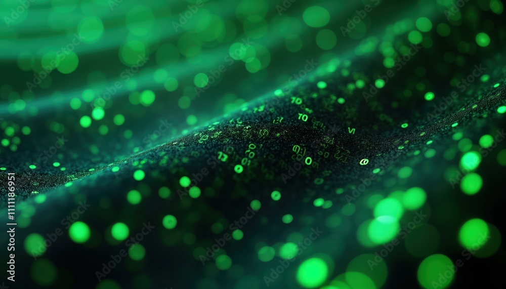 Fototapete Abstract digital tech background. Glowing green binary code displays. Futuristic pattern with data transmission. Modern design for tech concepts. Illustrative graphic with bright lights. Dynamic tech