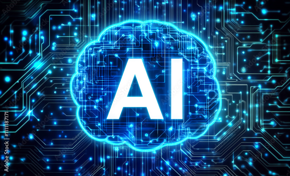 Poster Conceptual representation of artificial intelligence with glowing brain and circuit patterns in a digital environment
