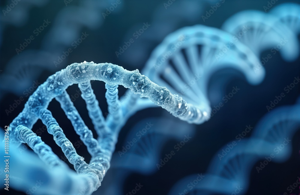 Aufkleber Detailed close-up view of DNA double helix. Modern tech visualizes complex molecular structure. 3D rendering shows intricate spiral pattern of deoxyribonucleic acid. Abstract illustration of gene.