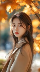 Fototapeta premium Elegant Woman in Autumn Park with Golden Leaves