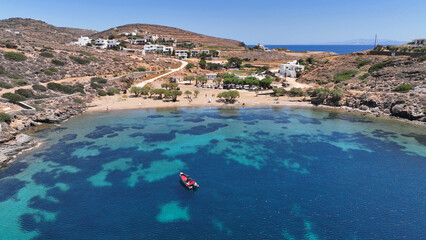 Aerial drone photo of small beach of Fasolou next to famous and picturesque seaside fishing village...