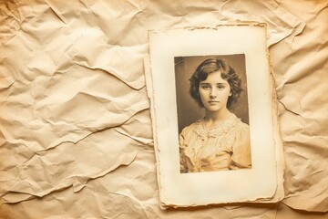 Antique photo, young woman, sepia tone, aged paper.