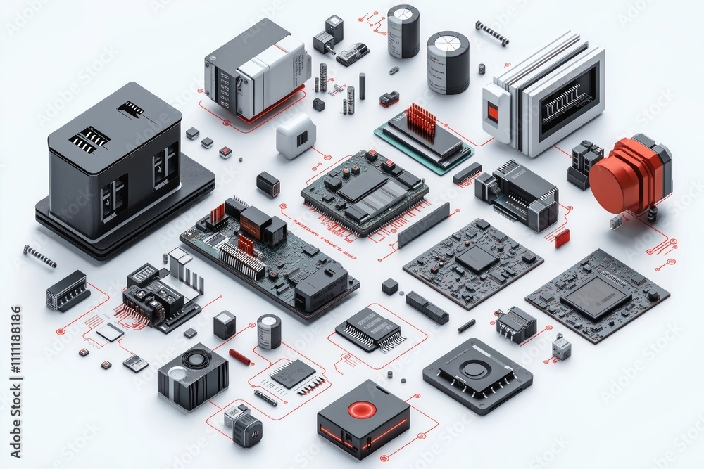 Poster Exploded view graphic shows tech product components. Modern design infographic device parts. Detailed tech illustration explains intricate system. Tech illustration gives clear view of interior
