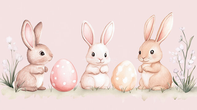 Baby bannies and easter eggs on pink background.