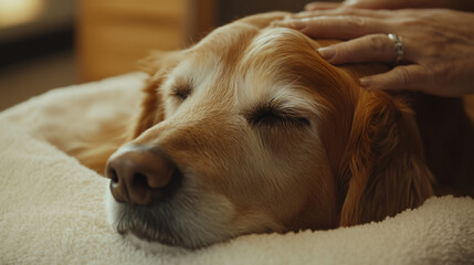 Obraz premium A senior dog at the pet spa, getting a gentle massage to relax its joints and muscles, with soothing background music.