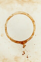 Circular stain, brown liquid, paper, drips, blotches.