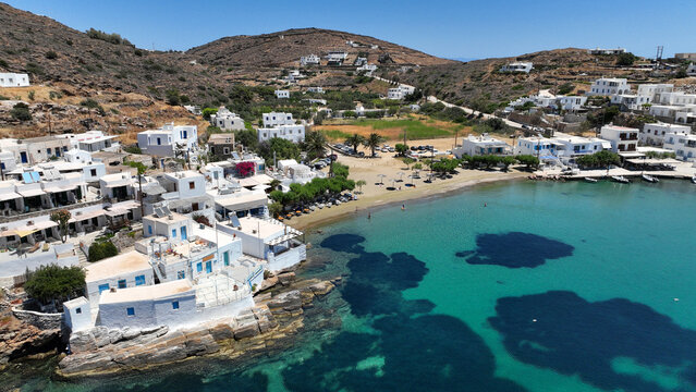 Aerial drone photo of famous and picturesque seaside fishing village and beach of Faros, featuring beaches of Fasolou and Vlycho, Sifnos island, Cyclades, Greece