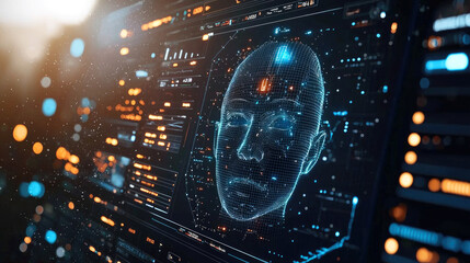 Human face with digital biometric data on computer screen, facial recognition AI technology. Concept of dashboard, identification