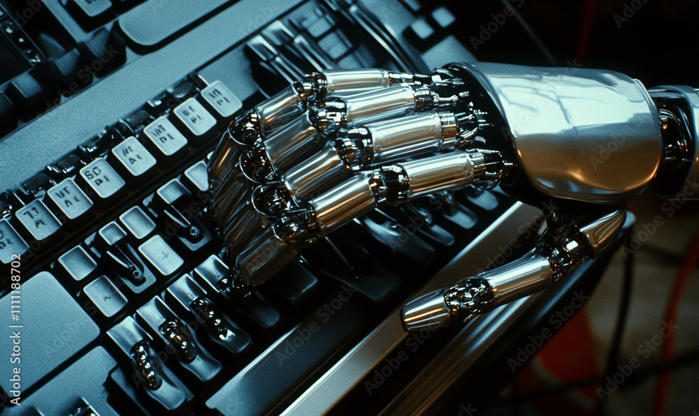 Poster Robot hand typing on a keyboard in a modern workspace during daylight
