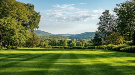 Fototapeta premium Lush Green Lawn with Scenic Rolling Hills, an expansive landscape ideal for outdoor activities, showcasing nature's beauty and inviting tranquility for relaxation and recreation.