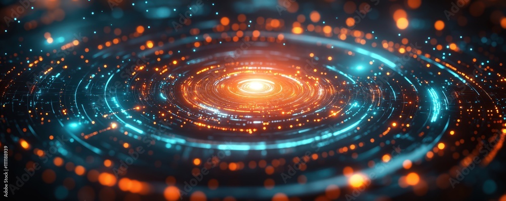 Poster abstract tech illustration wireless energy transfer device. circular glowing energy lines, particles
