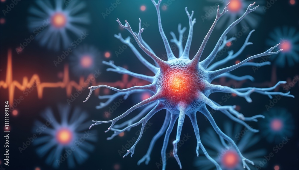 Poster illustration displays neuron cell activity. detailed view shows electrical pulses. medical context w