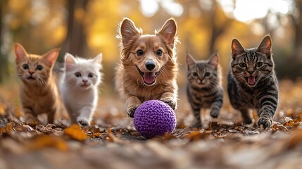 A group of cheerful dogs and a group of cheerful cats are playing with a purple toy. autumn season, 