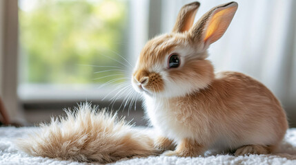 Obraz premium A serene rabbit enjoying its grooming session, with soft fur brushed and nails trimmed.