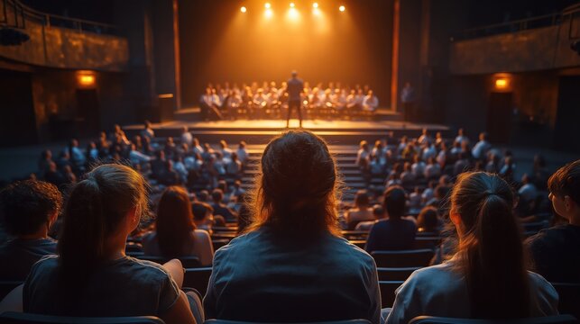 High school students watch drama class rehearse play on stage. Many people sitting in audience. Students, teachers involved in activity. Theater auditorium. Time likely during rehearsal. Students
