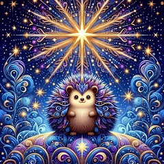 Naklejka premium Dreamy Hedgehog Under the Evening Star in an Enchanted Landscape