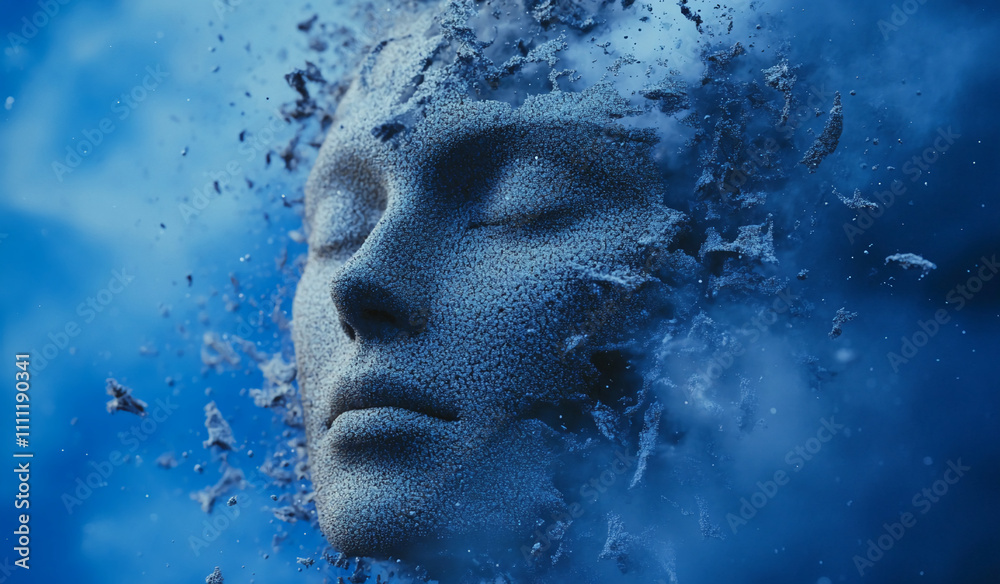 Poster close-up of a surreal face dissolving into blue particles with a dreamy atmosphere and abstract comp