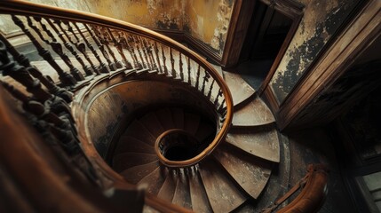 Obraz premium An intricately designed spiral staircase winds down in a worn building. The wooden railings, aged and weathered, tell stories of a time long past, enhancing the architectural charm