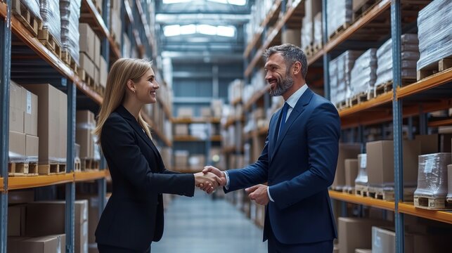 Two business professionals stand in a warehouse, smiling and shaking hands to signify a successful partnership. The shelves are filled with neatly packed boxes, creating a productive atmosphere