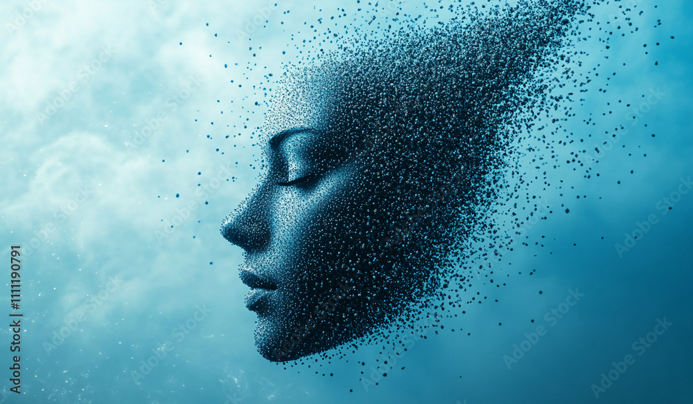 Poster digital artwork depicting a woman's face dissolving into particles, illustrating transformation and 