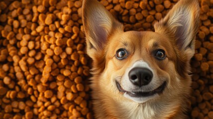 A cheerful corgi lies contentedly surrounded by dog food, expressing happiness and relaxation. The warm colors emphasize a playful atmosphere, inviting viewers to share in this joyful moment