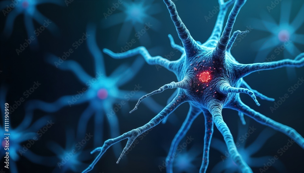 Leinwandbilder Microscopic view of neuron cells. Electrical impulses visible. Biological activity of nerve cells highlighted. Medical image background displays complex neural network. Study of neural activity in