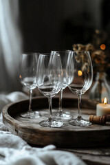 Dry January. Luxurious and elegant setting with empty wine glasses on a marble table. The scene conveys a sophisticated choice of sobriety and self-care with an emphasis on health and elegance.