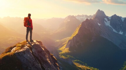 Fototapeta premium A solitary hiker stands on a rocky outcrop, gazing across a stunning valley filled with majestic mountains during sunset. The warm light casts an enchanting glow on the landscape