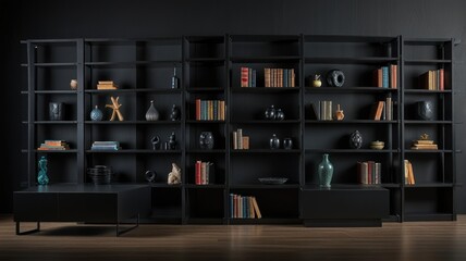 Modern Black Bookcase with Decor