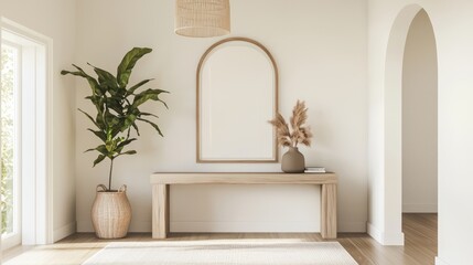 Ultra-Detailed Trendy Entryway with Statement Console Table, Vibrant Wall Art, Retro and Modern Decor, Stylish Pendant Light, and Large Mirror