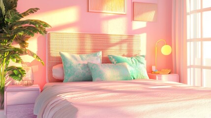 Modern Retro Bedroom Design with Quirky Headboard and Cozy Pastel Colors, Ultra-Detailed Interior Shot with Ambient Lighting