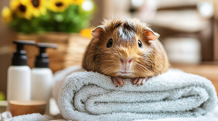 A sweet guinea pig being gently bathed in warm water, surrounded by cozy towels and safe pet-care products.