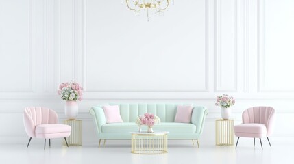 Vibrant and Playful Pastel Living Room with Quirky Decor and Statement Chandelier, Ultra-Detailed Interior Design Concept