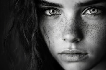 Fototapeta premium Close-up monochrome portrait, freckled face, intense gaze.