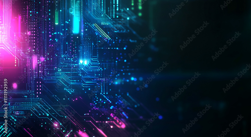 Poster bright neon circuit design illuminated in vibrant colors on a dark background showcasing technology 