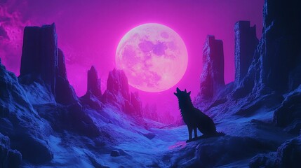 A silhouette of a wolf against a vibrant, surreal moonlit landscape.