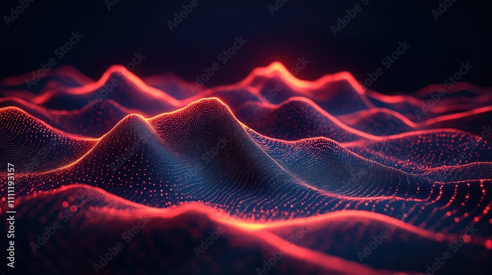 Aufkleber Abstract tech illustration shows mountain range. Red glowing dots create a wavy pattern. Dynamic tech design. Modern digital art. Data visualization. Abstract landscape. Data points in motion.