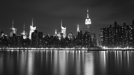 Obraz premium New York City skyline at night, illuminated skyscrapers reflected in the water.