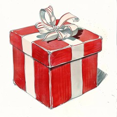 Hand-Drawn Red Gift Box with White Ribbon on Minimalist Background
