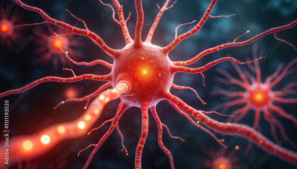 Poster Microscopic view of neuron sending electrical signals. Neural activity within brain structure. Neurology illustration. Glowing pathway shows information transmission between nerve cells. Synapses