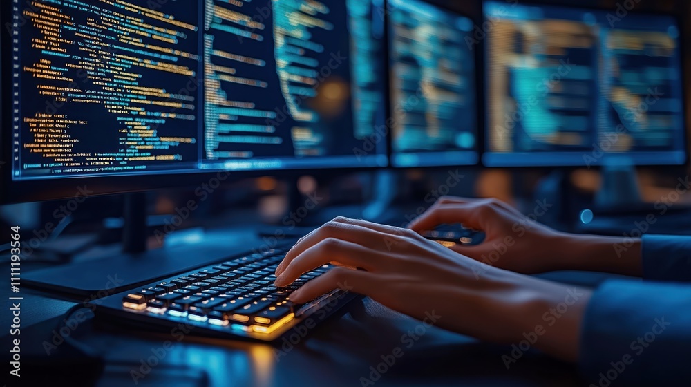 Poster Person types on computer keyboard in office. Hands work fast. Code on screen. Person focuses on programming task. Night time. Tech work. Programming. Dark environment. Concentrated programmer.