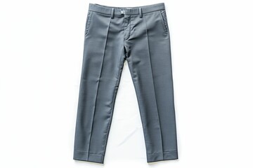 Gray dress pants, neatly folded, white background.