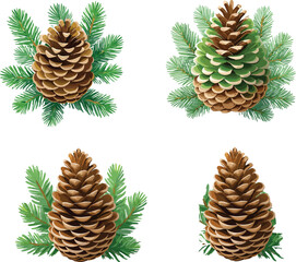 Pine cones. Pinecones isolated on white background.Open fir or cedar cones group.Conifer fruit.Coniferous tree brown cones. Pinecorn heap.Christmas or autumn holiday design element.Vector illustration