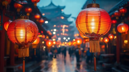 Beautiful red lanterns with floral designs glowing warmly in an atmospheric street, surrounded by...