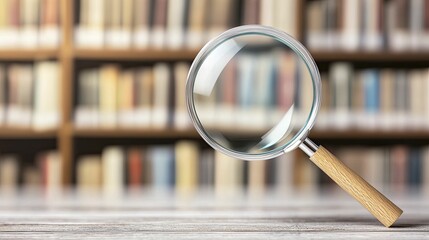 Inference skills display featuring magnifying glass, minimalist design, clear acrylic, top-down perspective, with softly blurred bookshelf backdrop.